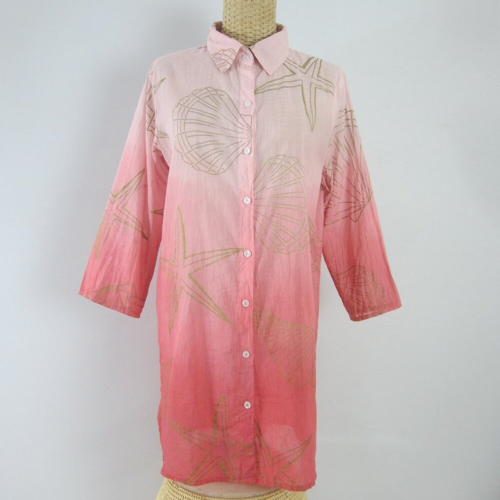 Sunny Oceans Womens S Ombre Pink Gold Metallic Shell Print Cotton Shirt Beach